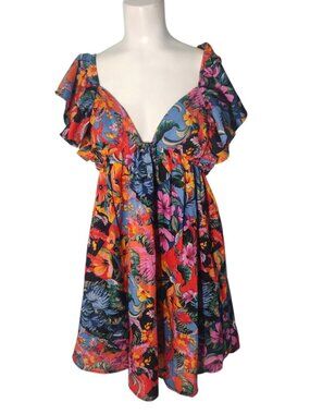 Olivaceous Floral Cotton Babydoll Mini Dress M Tropical Party RC Apparel Flutter